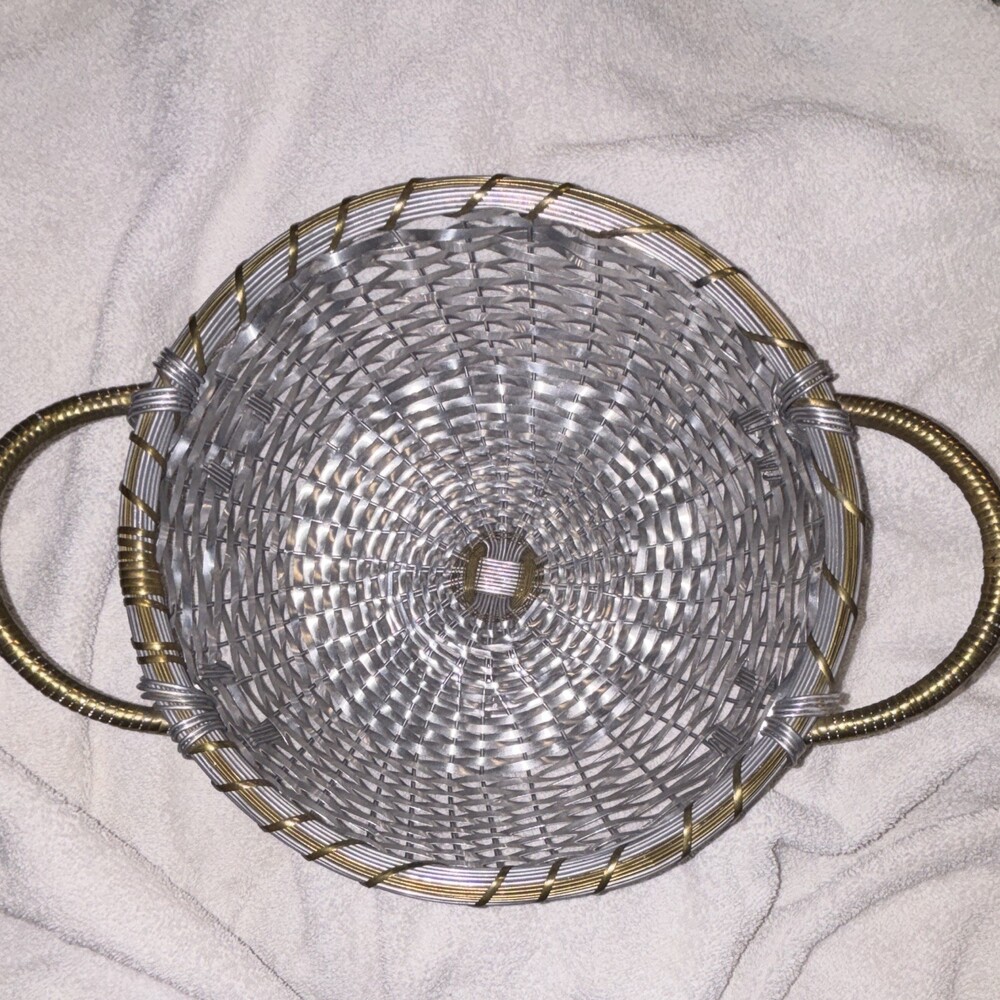 Round Woven Metal Basket with Handles, Silver/Gold Handmade Made in India 10 in